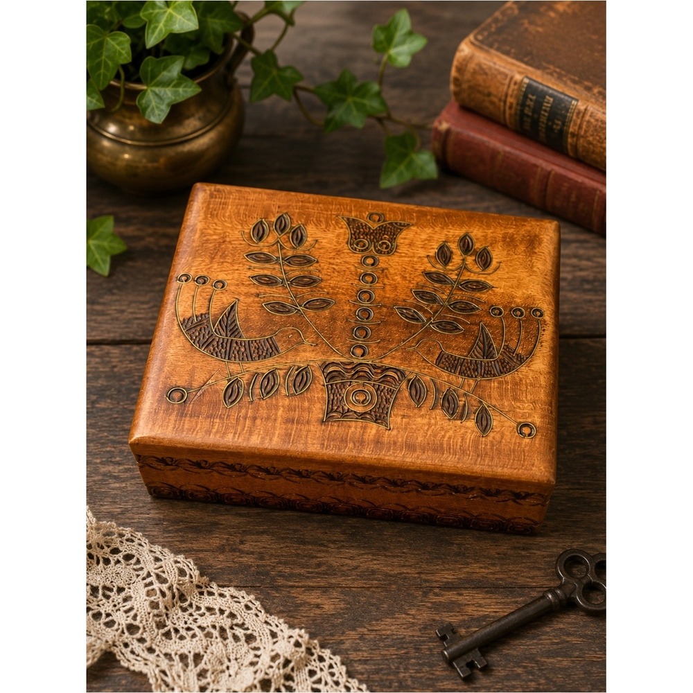 Vintage Hand Carved Wooden Keepsake Box Bird Floral Folk‎ Art Trinket Box